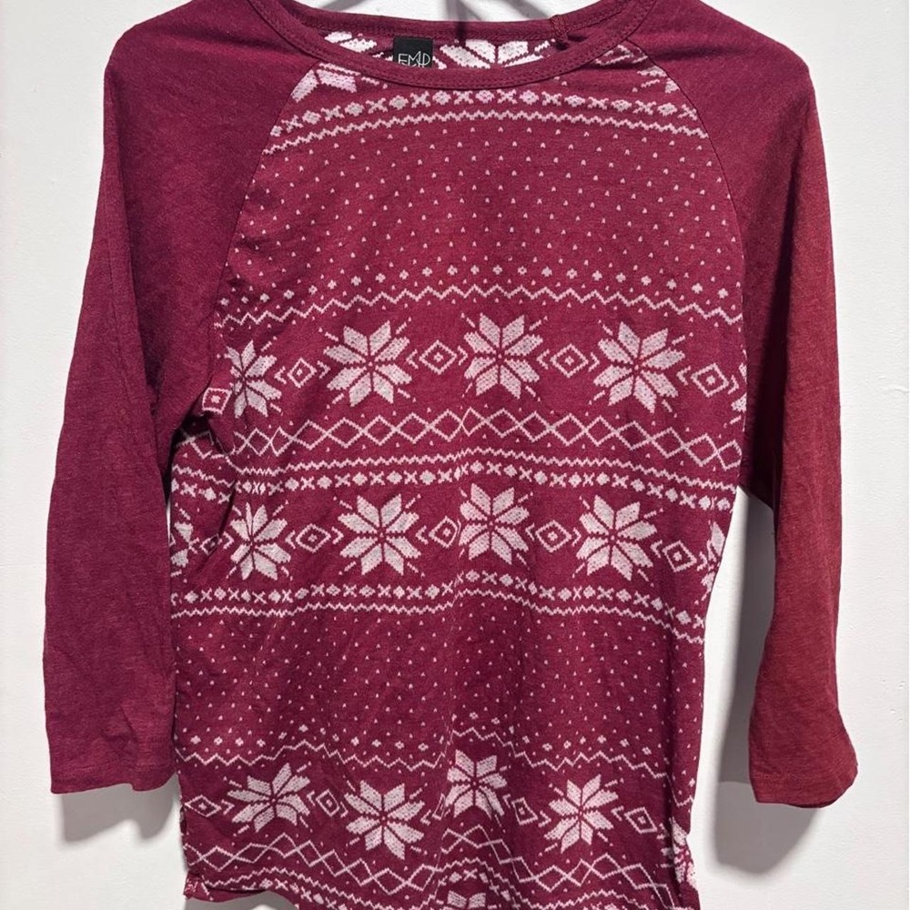 Empyre Maroon Fair Isle 3/4 Sleeve Thermal Top Burgundy Snowflake Raglan Medium